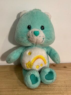 Vintage 2002 Care Bears WISH BEAR Blue Rainbow Bean Bag Plush Stuffed Animal 8”